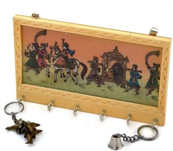 Rajasthani Ethnic Wooden Hand Crafted Key Holder - Decorative Gemstone Wall Hanging Stand, Beige, Mythical Art Home Decor
