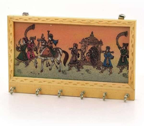 Rajasthani Ethnic Wooden Hand Crafted Wall Hanging Gemstone Painting Key Holder with 6 Hooks, Beige - Unique myth-inspired home decor accent.