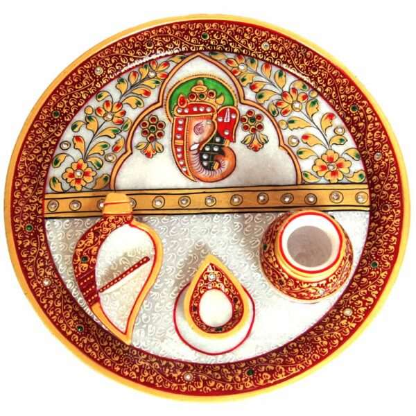 Rajasthani marble Ganesh Pooja Thali with intricate Meenakari art, ideal for home decor and spiritual rituals.