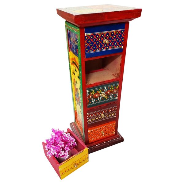 SAARTHI Rajasthani Handcrafted Decorative Fancy Handmade Hand painted Beautiful Traditional Attractive Multicolour Elephant Dhola Maru & Multiple design Wooden Storage Five Drawer Corner cum side table| Side Table | Corner Table | cafeteria stool | Pillar Table| Decor| Office| Garden| Outdoor| Indoor| Balcony| Launge| Lawn| Cafe| Bar| Living Room| Bedroom Room| Childern Room Decor