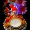 SAARTHI Rajasthani Decorative Handmade Traditional Multicolour Attractive Multipurpose Spiritual Polyresin Ganesha Idol on Moti Base Plate with Flowers for Pooja/ Car Dashboard/ Aarti Thali/ Bhog Thali| Diwali/Ganesh Chaturthi Platter for Home/ Office/ Living Room/ Table/ Café/ Mandir Décor |Temple Decoration Items| Ganpati Tea Light Candle| Ganesh Lantern| Bappa Statue/ Sculpture/ Showpiece/ Figurine| Puja Accessories - Image 5