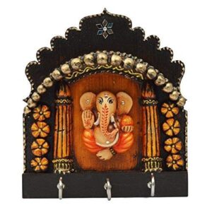 SAARTHI Rajasthani Ethnic Wooden Handcrafted Ganesh Key Holder| Wall Hanging Key Stand cum Showpiece for Wall Décor/ Home Décor/Room Décor| Door Key Hanger| Key Stand| Keychain Holder| Key holder for Home Decor Stylish| Antique Key Holder| Vintage Key Holder - 3 Hooks
