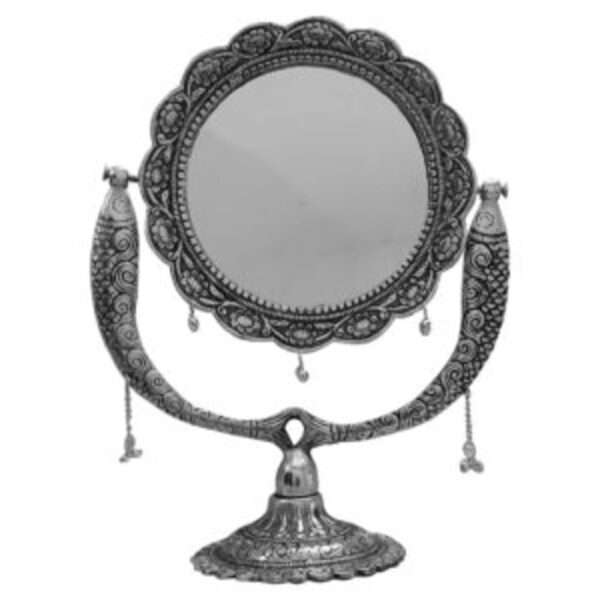 SAARTHI Rajasthani Royal Multipurpose Silver-Plated Metal Folding Portable Round Mirror with Removable Stand