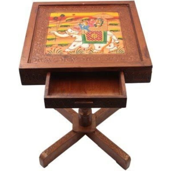 Rajasthani Handcrafted And Elephant Dhola Maru Design Wooden Stool Cum Side Table With Drawer Storage (Multicolour)