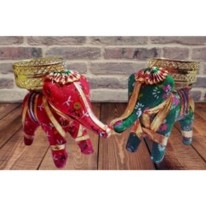 SAARTHI Rajasthani Stunning Decorative Designer Unique Elegant Traditional Handcrafted Wooden Elephant Tea Candle Holder Stand (Multicolour, Set of 2)