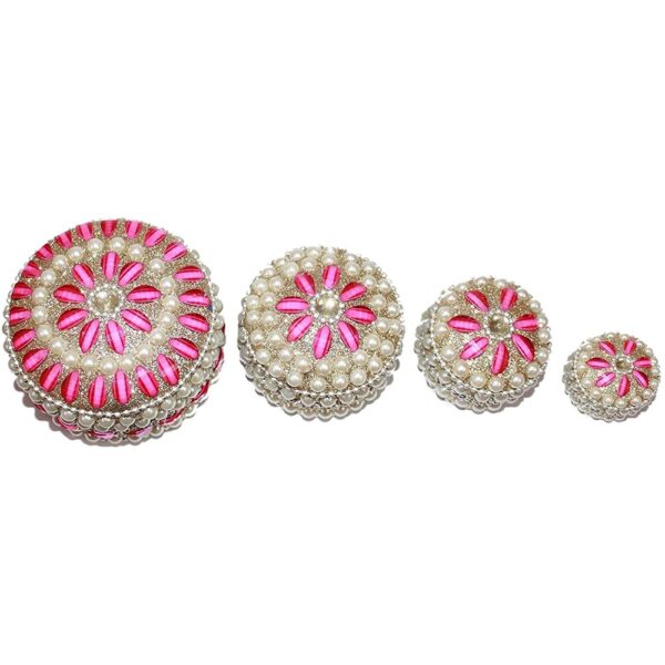 Sindoor Dani Stone & Moti Beaded Jarkan Work|Traditional|Ethnic Dibbi Set|Jewellery Box|Jewellery Holder|Pearl Work|Set of 4 Pieces|White|Pink