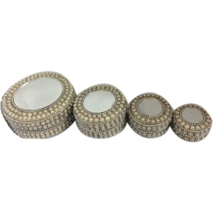 Sindoor Dani Stone & Moti Beaded Jarkan Work|Traditional|Ethnic Dibbi Set|Jewellery Box|Jewellery Holder|Orgainser|Set of 4 Pieces (White with Mirror)