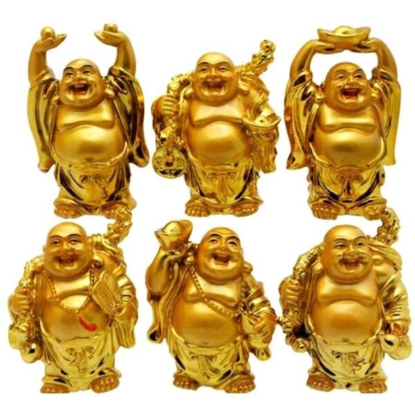 Set of 6pc Laughing Buddha Fengshui Golden Figurine for Wealth|Health & Prosperity|Feng Shui Vastu for Office|(7 * 2.5 * 5 cms|Golden) - 2.5 INCH Height