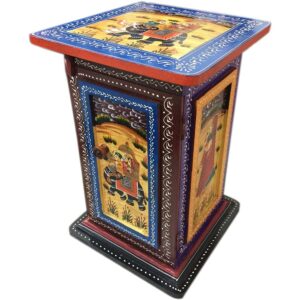 Rajasthani Handcrafted and Elephant Dhola Maru & Multiple design handpainted Wooden Stool cum side table|cafeteria stool|Pillar Table with drawer storage (Multicolour) - 18 Inches