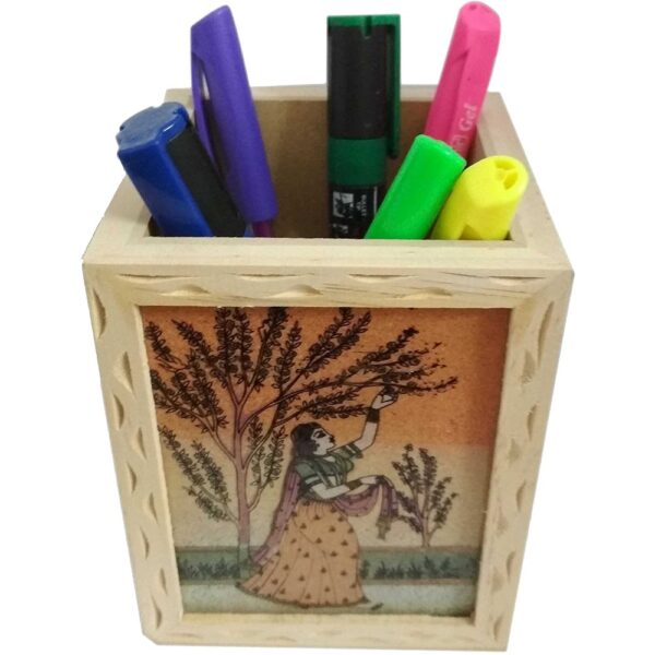 Gemstone Rajasthani Painting Wooden Pencil Diary Pen Holder Table Desk Organizer Set