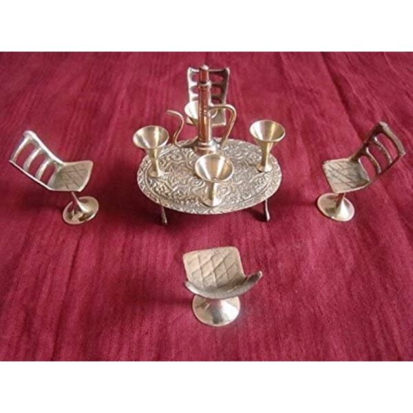 Antique Traditional Rajasthani Unique Elegant Miniature Brass Maharaja Dining Table Chair Set (Golden) - Pack of 10