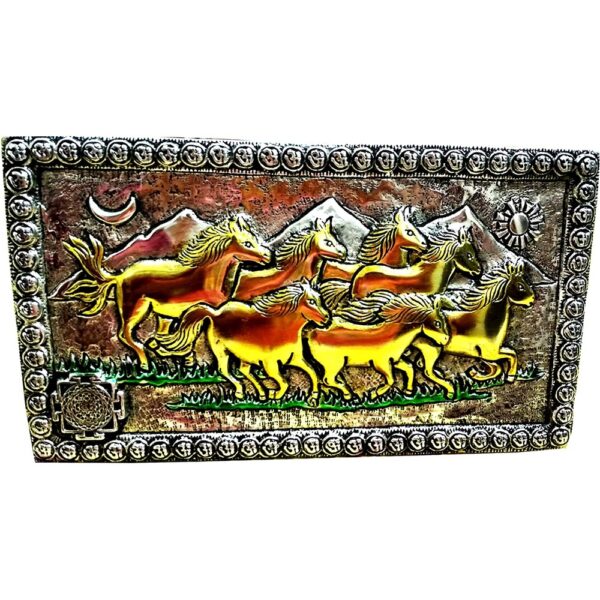 Rajasthani Elegant Ethnic Antique Handcrafted Feng Shui Auspicious Traditional Decorative 7 Running Horse Wall Frame with Om Design and Shri Yantra (Multicolour|11 x6.6 Inch)
