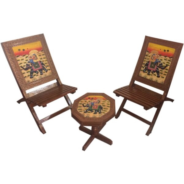 Rajasthani Dhola Maru Handmade Wooden Folding Chairs and Table, Multicolour - Set of 3