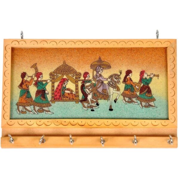 Rajasthani Ethnic Wooden Hand Crafted Gemstone Painting Key Holder|Wall Hanging|Key Stand Cum Showpiece for Wall Decor|Home Decor|Room Decor|Key Hanger|Keychain Holder - 6 Hooks with Six Handmade Peacock Design Fancy Keychain|Keyring|