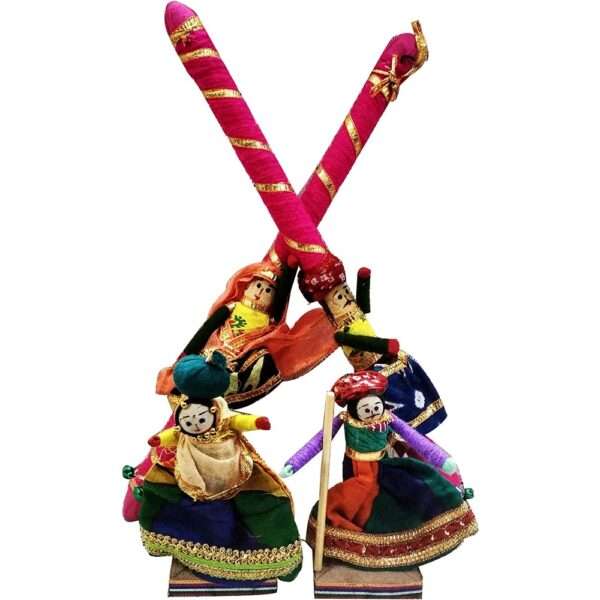 Rajasthani Multicolour Unique Decorative Elegant Handmade Creative Wooden Dandiya Sticks for Navratri|Garba with 2 Gujarati Figurines
