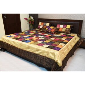 SAARTHI Jaipuri Silk Hand Block Gold Print Patch Work (Applique) Double Bedcover with Gold Zari with 2 Pillow Covers and 2 Cushion Covers | Throw Blanket- King Size, Multicolor