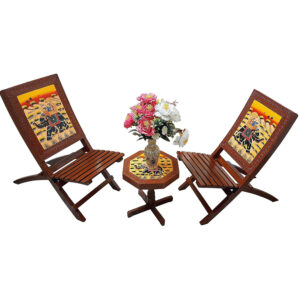 SAARTHI Rajasthani Dhola Maru Handmade Wooden Ethinic Antique Designer Folding Chairs and Table Set for Home| Decor| Office| Garden| Outdoor| Indoor| Balcony| Launge| Lawn| Cafe| Bar| Living Room| Bedroom Room| Childern Room Decor| Outdoor Sitting , Multicolour - Set of 3