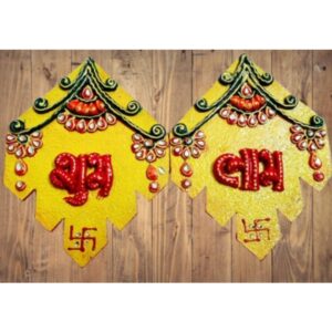 SAARTHI Divine Auspicious Handcrafted Ethnic Feng Shui Multicolour Wooden Leaf Shaped Shubh Labh Rangoli with Stone Decorations| Wall Hanging Shubh Labh| Home Decor Show piece Gifts | Wall Sculpture| Modern Wall Art| Home |Office|Home Accent|Wall Decor