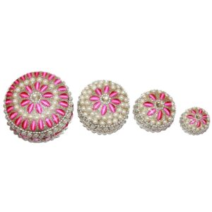 SAARTHI Sindoor Dani Stone & Moti Beaded Jarkan Work | Traditional | Ethnic Dibbi Set | Jewellery Box | Jewellery Holder | Pearl Work | Set of 4 pieces | White,Pink
