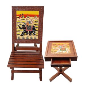 SAARTHI Rajasthani Dhola Maru Wooden Folding Chairs and Table Set for Home| Decor| Office| Garden| Outdoor| Sitting  (1 Chair + 1 Table)