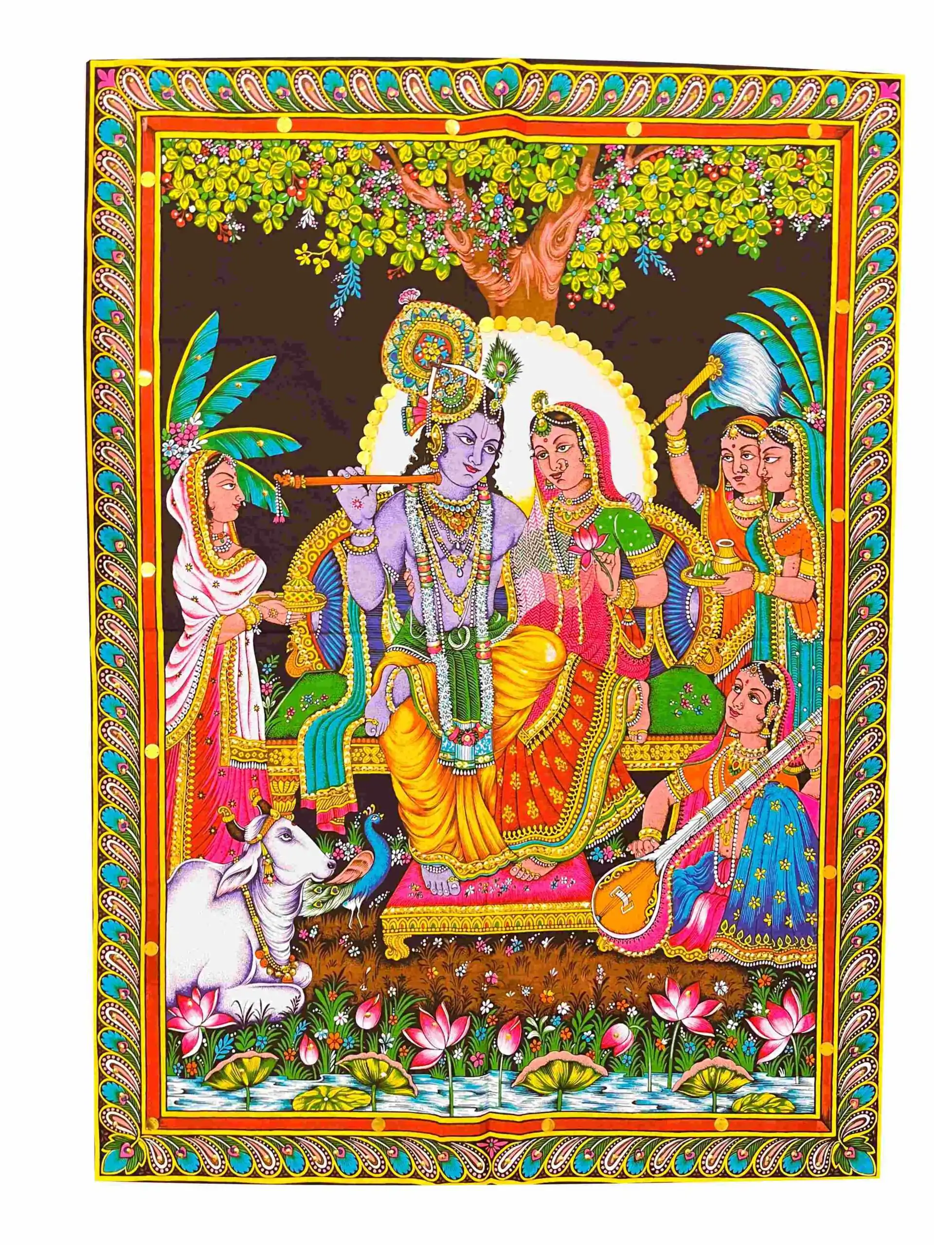 Bohemian Radha Krishna Tapestry sitting on Singhasan with Cow & Gopi Under a Tree - Image 2