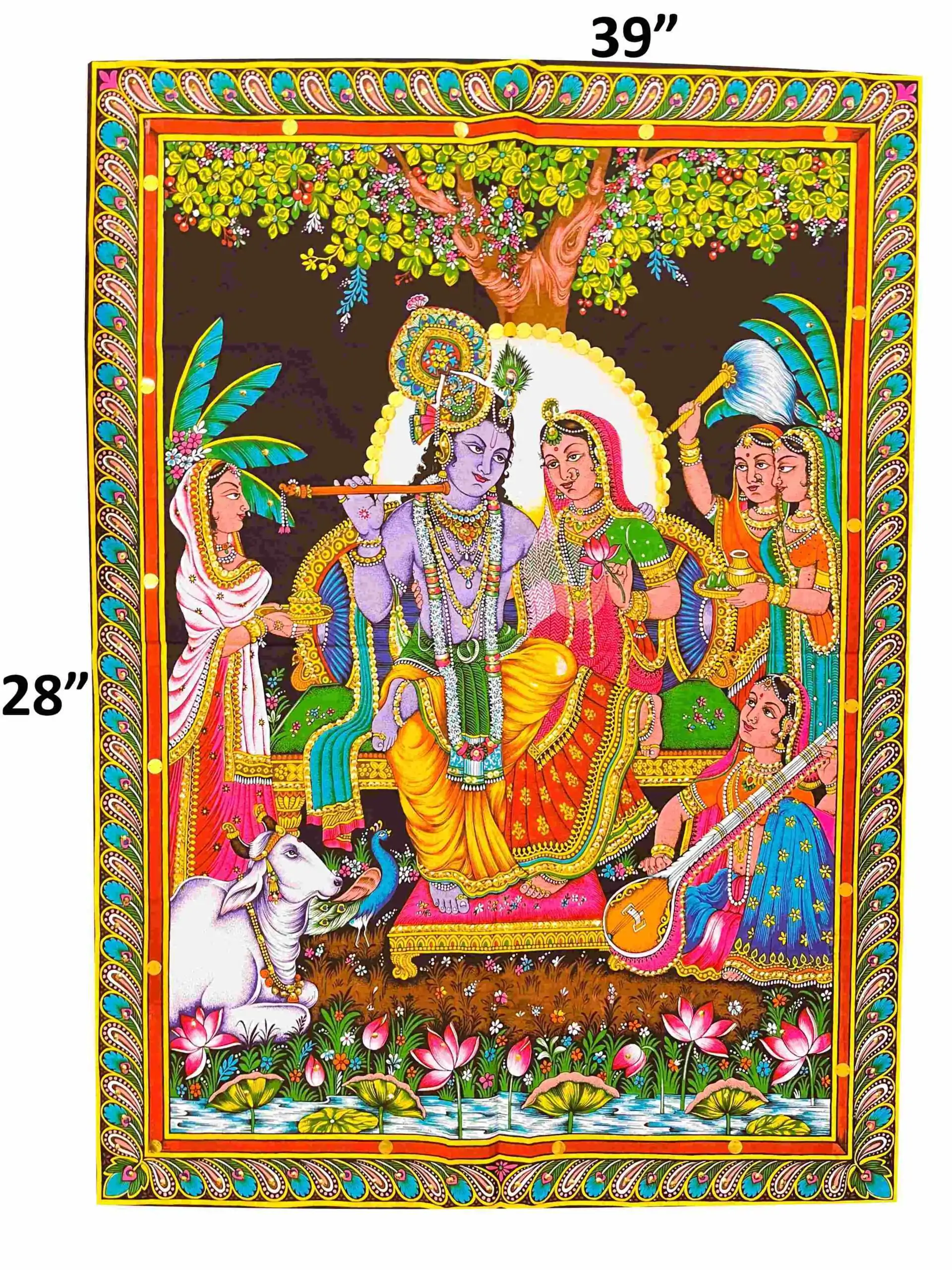 Bohemian Radha Krishna Tapestry sitting on Singhasan with Cow & Gopi Under a Tree - Image 4