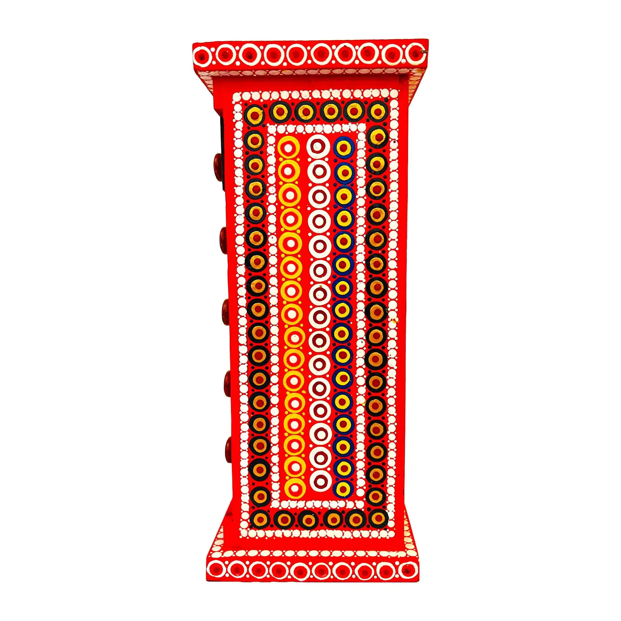 Rajasthani Mandala Wooden Storage Five Drawer Pillar (Red) - Image 6