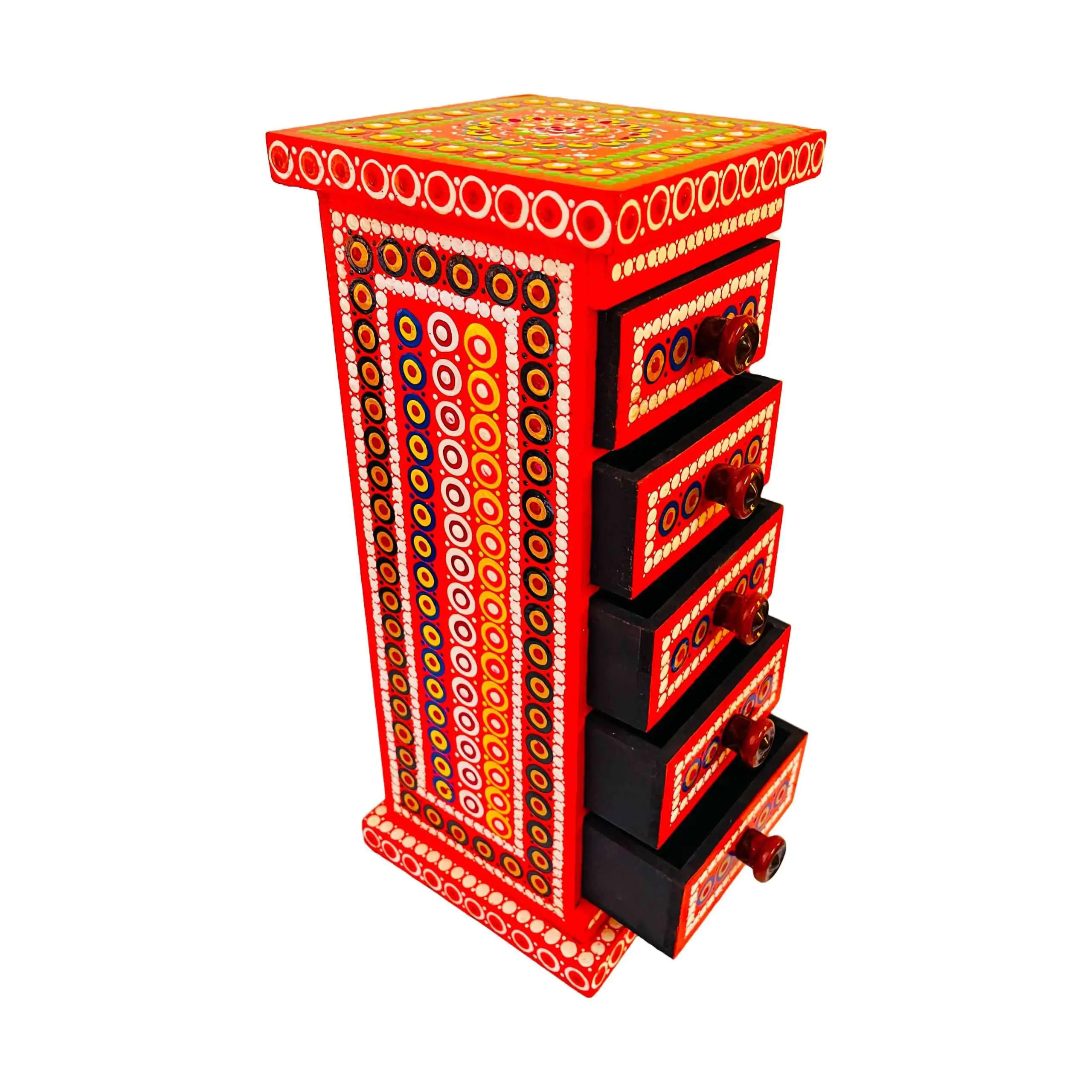 Rajasthani Mandala Wooden Storage Five Drawer Pillar (Red) - Image 5
