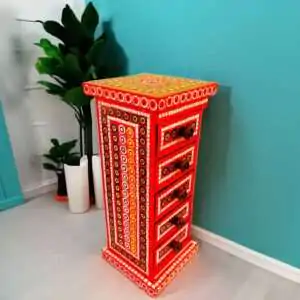 Rajasthani Mandala Wooden Storage Five Drawer Pillar (Red)