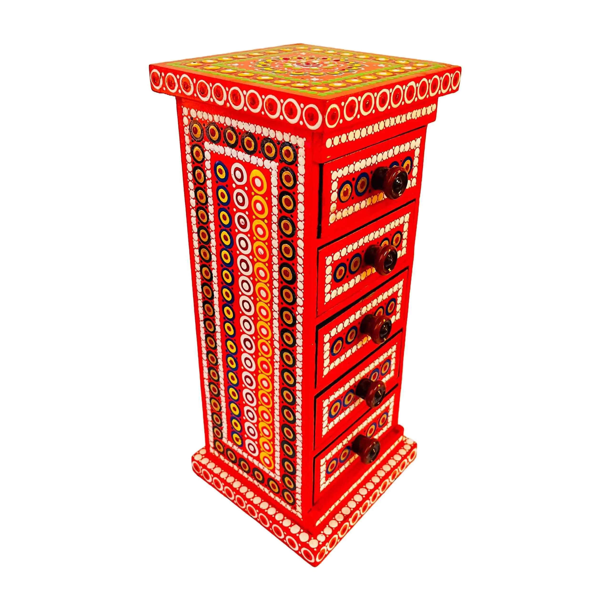 Rajasthani Mandala Wooden Storage Five Drawer Pillar (Red) - Image 2