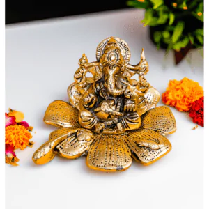 Metal Lord Ganesh Sitting on Flower Showpiece