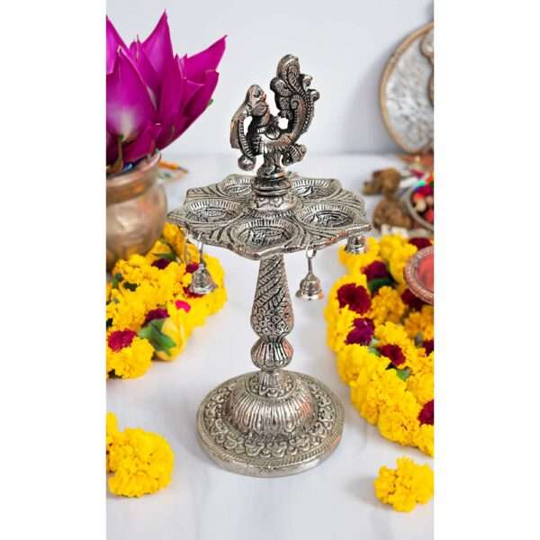 Metal Diya Design with Bells |Oil Wick Lamp for Pooja (Peacock)