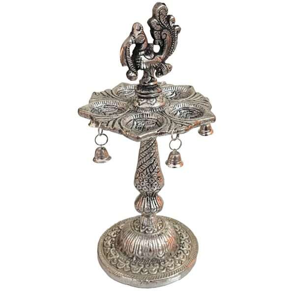 Metal Diya Design with Bells |Oil Wick Lamp for Pooja (Peacock) - Image 2