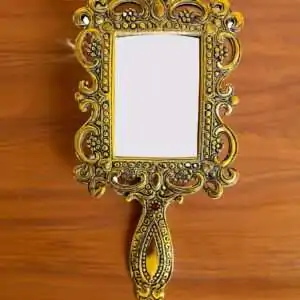 Beautifully Carved Golden Rectangular Shaped Hand Mirror
