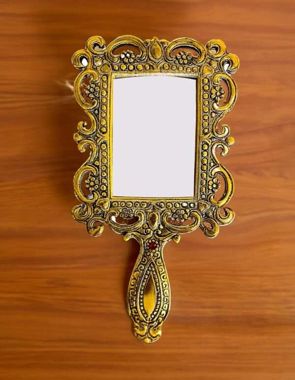 Beautifully Carved Golden Rectangular Shaped Hand Mirror