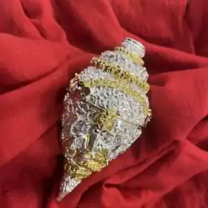 White metal Ganesha shankh, handcrafted Rajasthani pooja conch