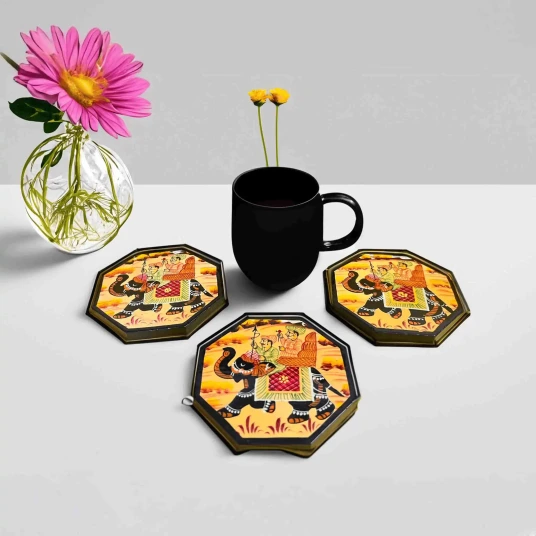 Handmade wooden and marble tea coasters — Rajasthani craft — Saarthi Online