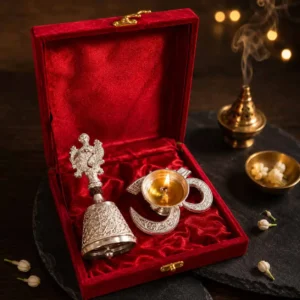 German Silver Pooja Bell & Om Swastik Diya Set Gift Box