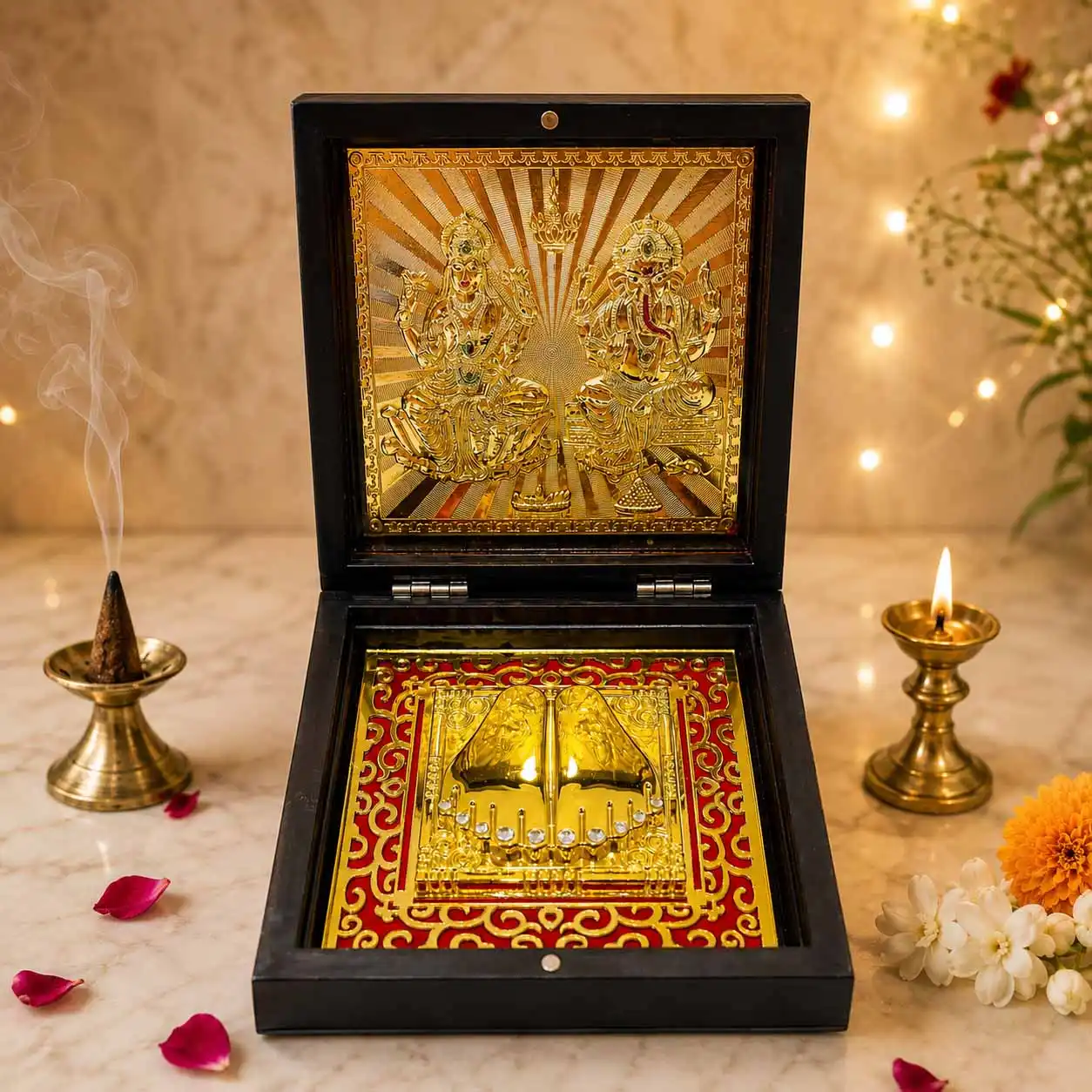 Lakshmi Ganesha Gold Plated Pooja Chowki Box Yantra