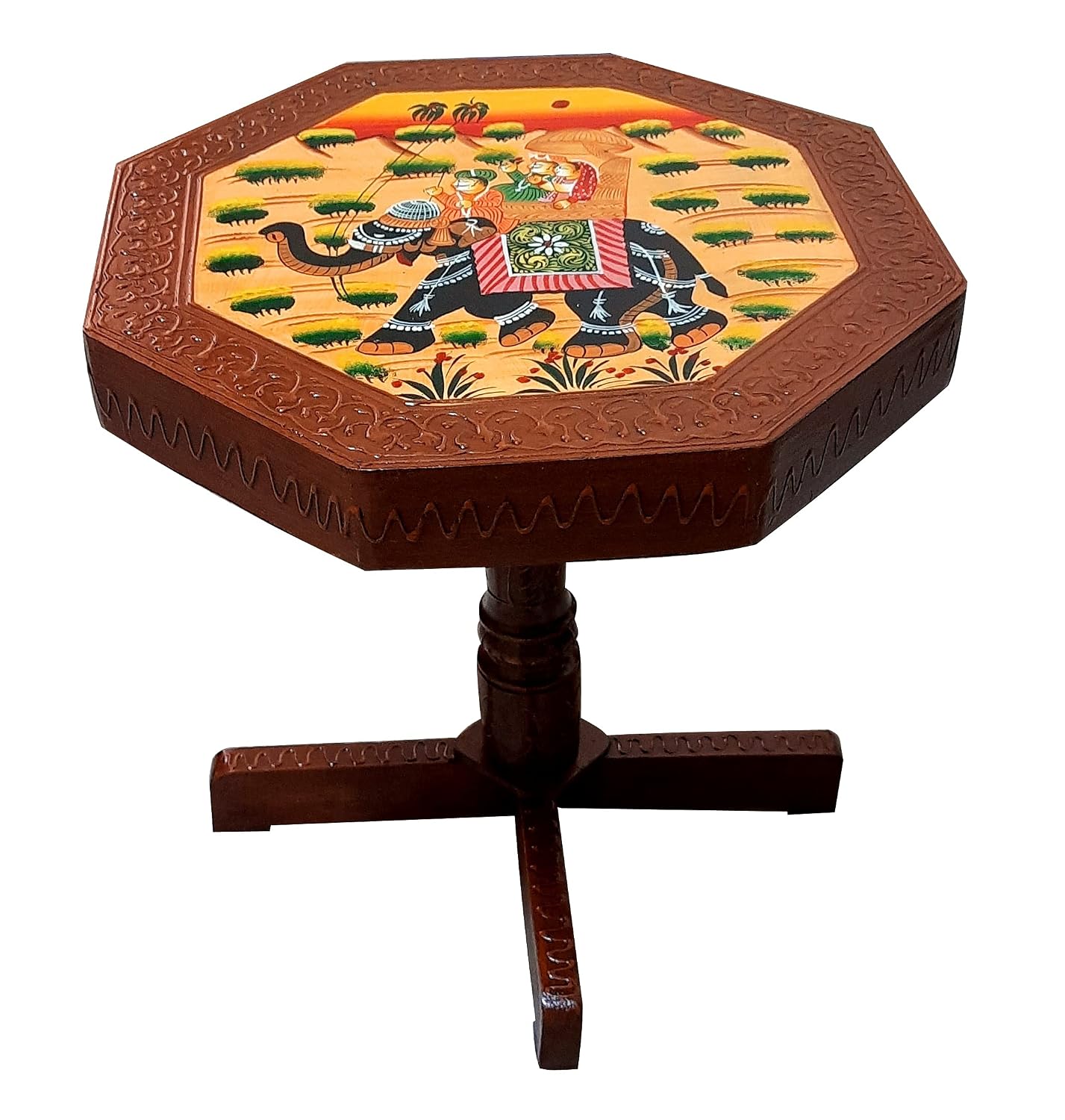 Rajasthani Handcrafted Elephant Dhola Maru Design Handpainted Royal Hetitage Wooden Stool Cum Side Table|Cafeteria Stool (Multicolour|15")